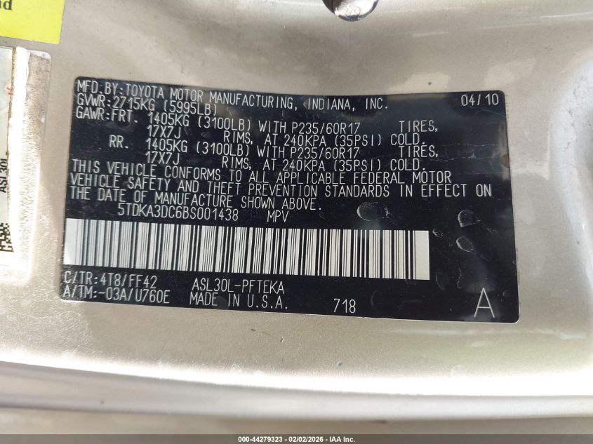 2011 Toyota Sienna VIN: 5TDKA3DC6BS001438 Lot: 44279323