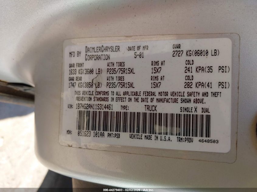 2001 Dodge Dakota Slt/Sport VIN: 1B7HG2AN11S314461 Lot: 44279403