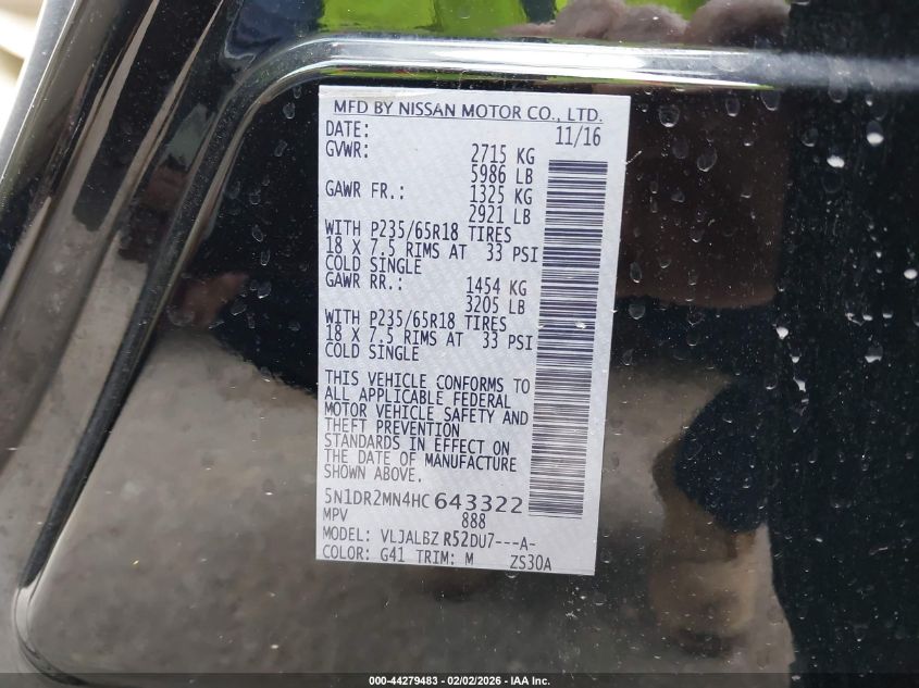 2017 Nissan Pathfinder S VIN: 5N1DR2MN4HC643322 Lot: 44279483