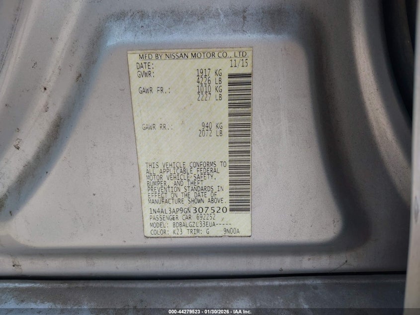 2016 Nissan Altima 2.5/2.5 S/2.5 Sl/2.5 Sr/2.5 Sv VIN: 1N4AL3AP9GN307520 Lot: 44279523