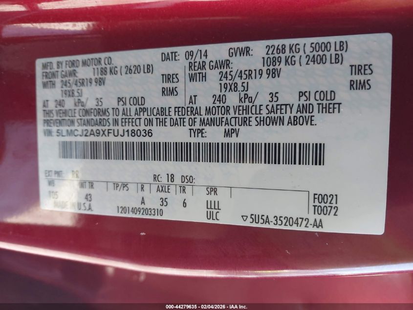 2015 Lincoln Mkc VIN: 5LMCJ2A9XFUJ18036 Lot: 44279635