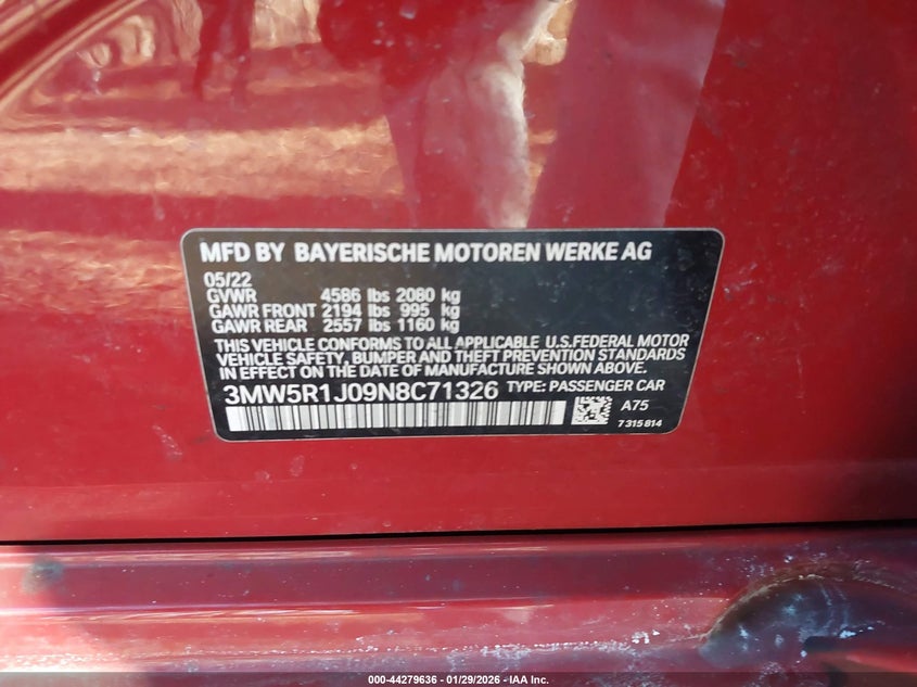 2022 BMW 330I VIN: 3MW5R1J09N8C71326 Lot: 44279636