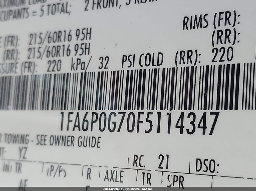 2015 Ford Fusion S VIN: 1FA6P0G70F5114347 Lot: 44279637