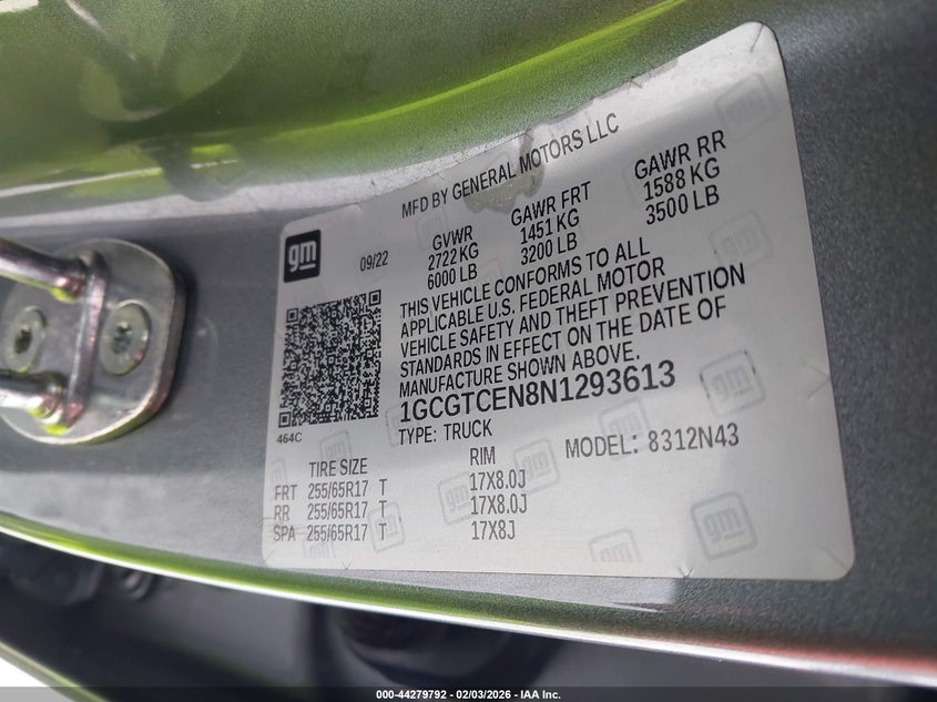 VIN 1GCGTCEN8N1293613 2022 CHEVROLET COLORADO 4WD  SHORT BOX LT