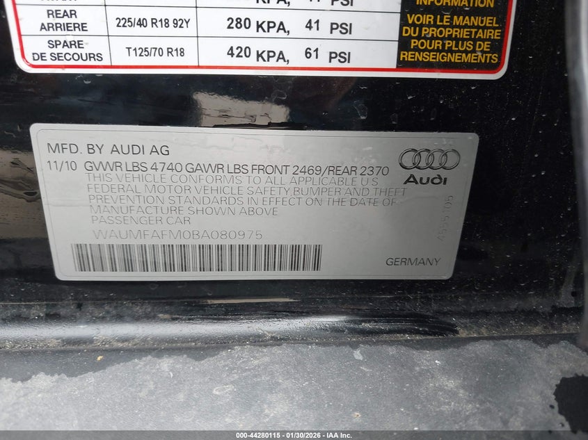 2011 Audi A3 2.0T Premium VIN: WAUMFAFM0BA080975 Lot: 44280115