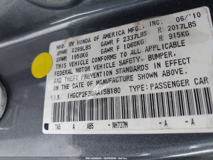 2010 Honda Accord 2.4 Lx VIN: 1HGCP2F30AA158180 Lot: 44280230