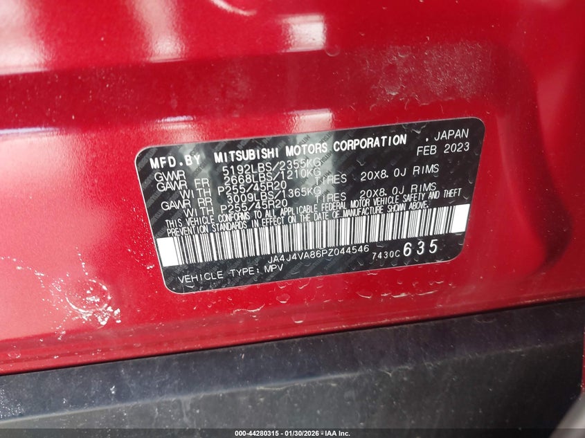 2023 Mitsubishi Outlander Sel 2.5 S-Awc/Sel 40Th Anniversary S-Awc/Sel Black Edition S-Awc VIN: JA4J4VA86PZ044546 Lot: 44280315