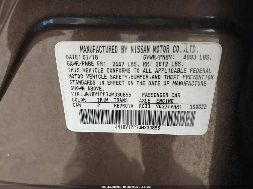 2018 Infiniti Q70L 3.7 Luxe VIN: JN1BY1PP7JM330855 Lot: 44280393