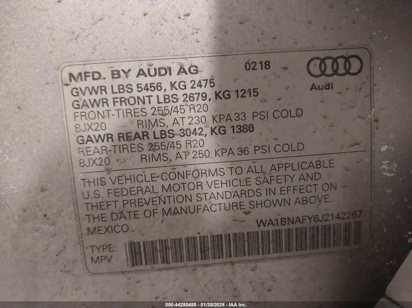 2018 Audi Q5 2.0T Premium/2.0T Tech Premium VIN: WA1BNAFY6J2142267 Lot: 44280488