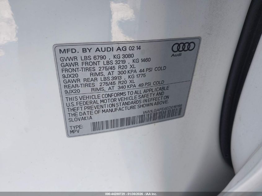2014 Audi Q7 3.0T Premium VIN: WA1LGAFE4ED016195 Lot: 44280729