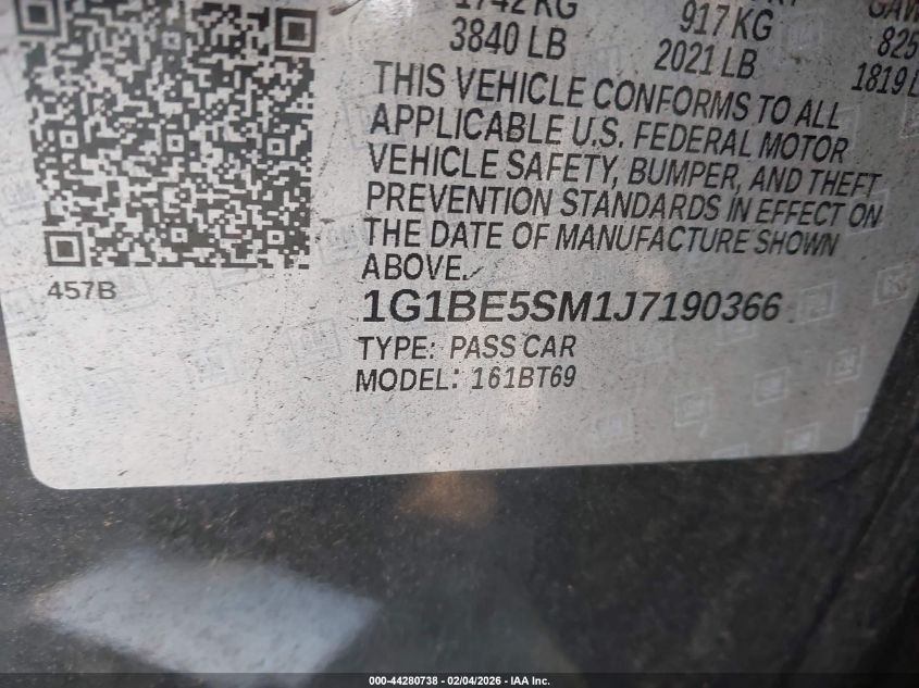 2018 Chevrolet Cruze Lt Auto VIN: 1G1BE5SM1J7190366 Lot: 44280738