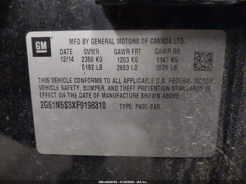 2015 Cadillac Xts Luxury VIN: 2G61N5S3XF9198310 Lot: 44280762