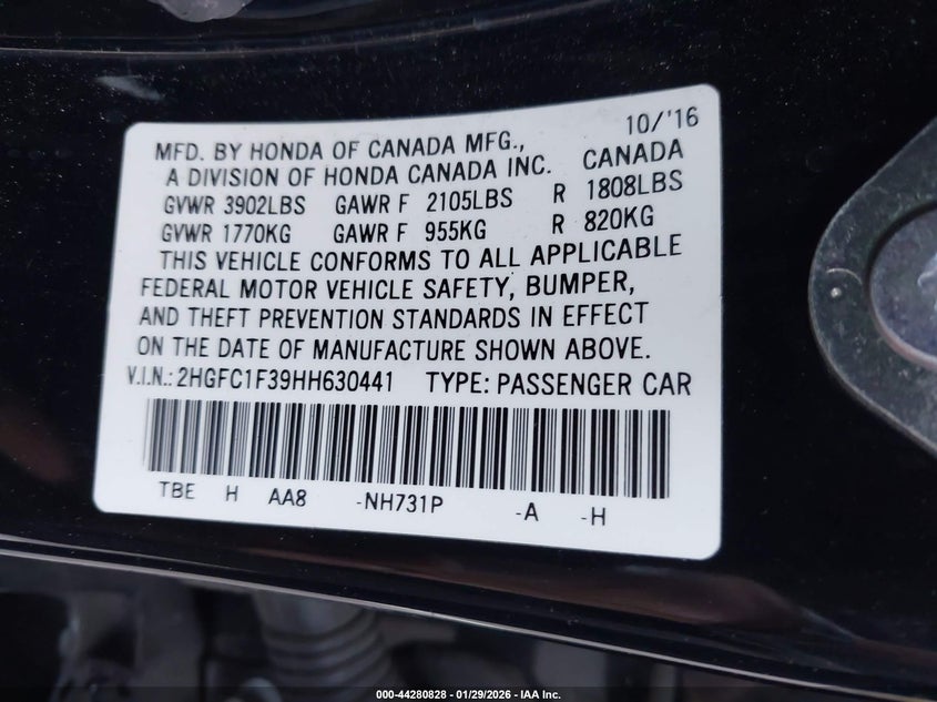 VIN 2HGFC1F39HH630441 2017 HONDA CIVIC EX-T