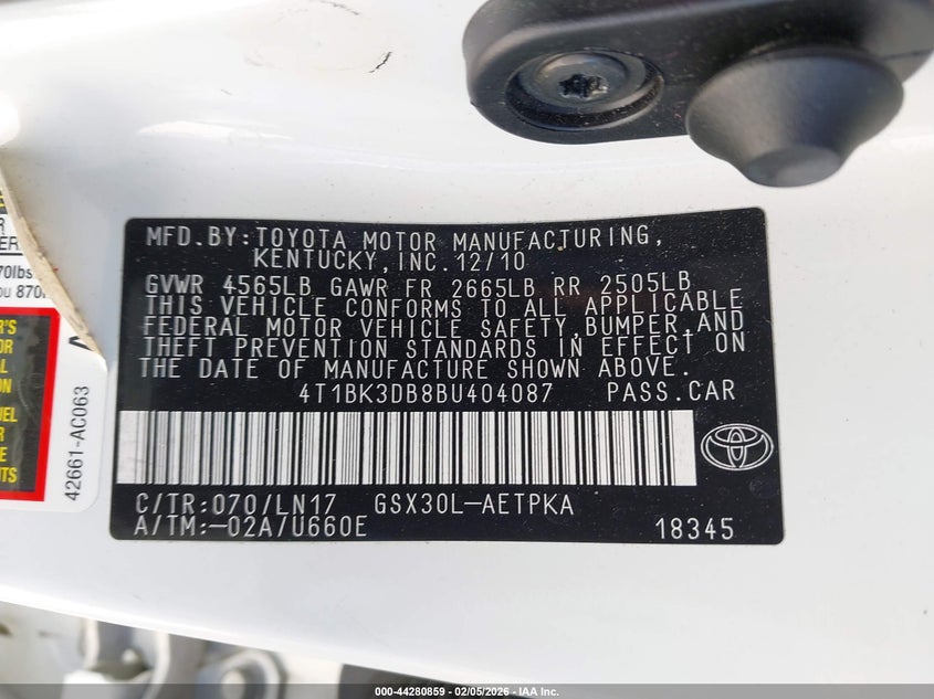 2011 Toyota Avalon Limited VIN: 4T1BK3DB8BU404087 Lot: 44280859