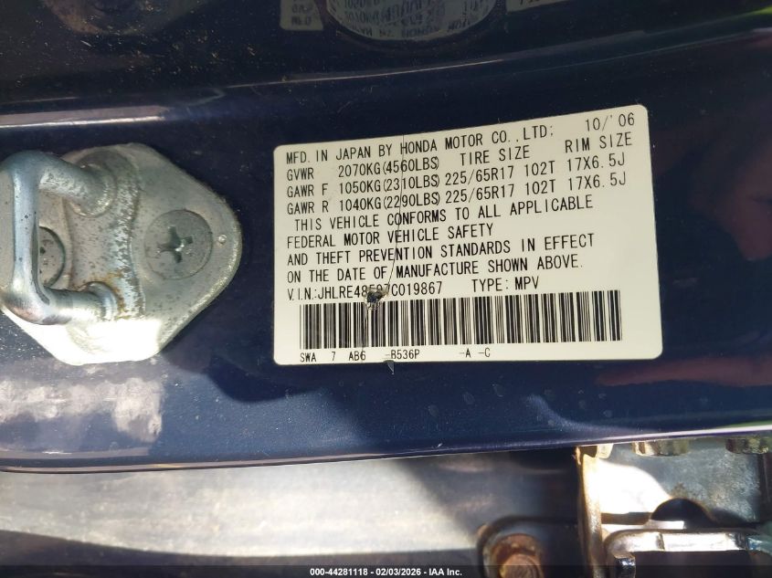 2007 Honda Cr-V Ex VIN: JHLRE48597C019867 Lot: 44281118