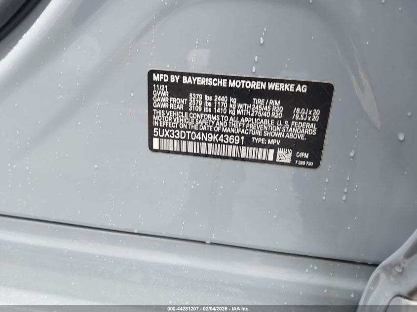 2022 BMW X4 xDrive30I VIN: 5UX33DT04N9K43691 Lot: 44281207
