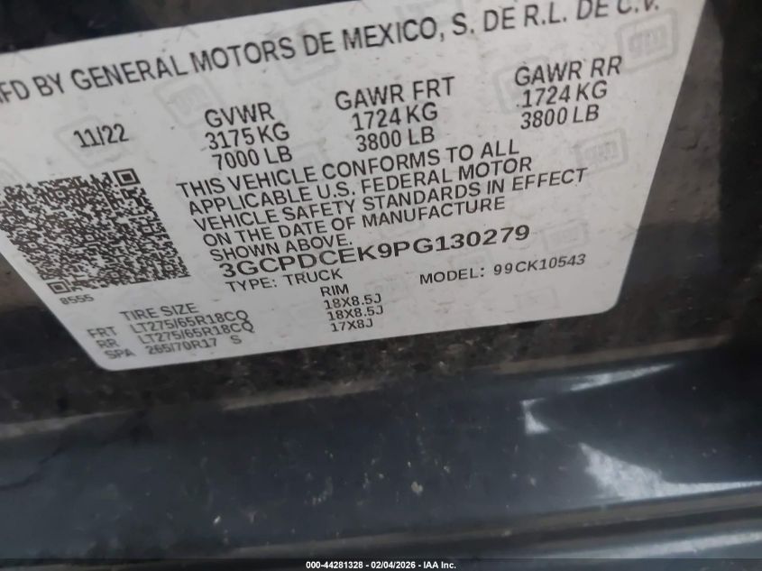 2023 Chevrolet Silverado 1500 4Wd Short Bed Custom Trail Boss VIN: 3GCPDCEK9PG130279 Lot: 44281328