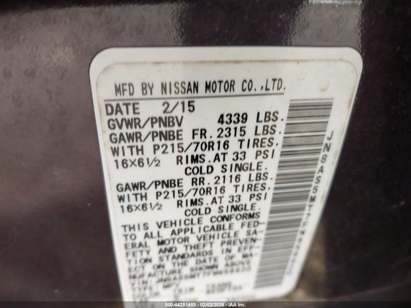 2015 Nissan Rogue Select S VIN: JN8AS5MT7FW656920 Lot: 44281455