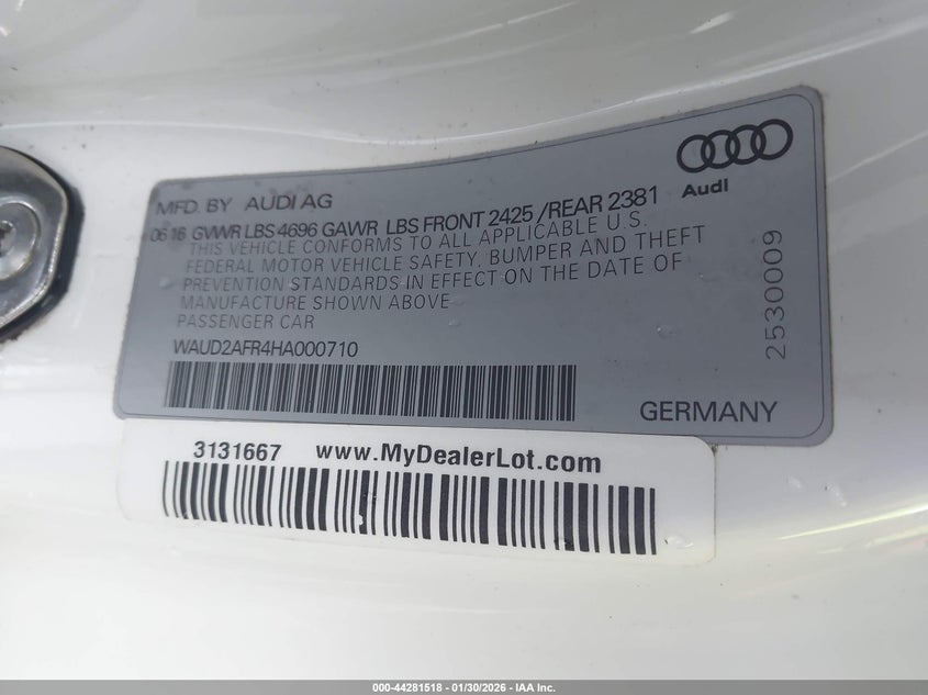 2017 Audi A5 2.0T Sport VIN: WAUD2AFR4HA000710 Lot: 44281518