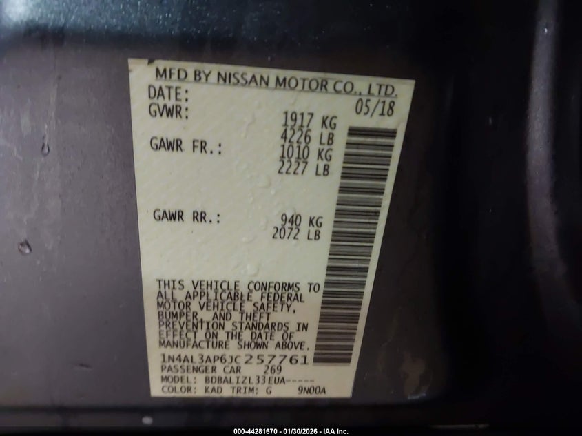 VIN 1N4AL3AP6JC257761 2018 NISSAN ALTIMA 2.5 SV