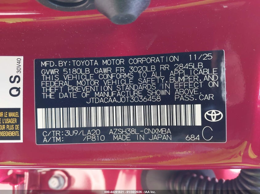 2026 Toyota Crown VIN: JTDACAAJ0T3036458 Lot: 44281821