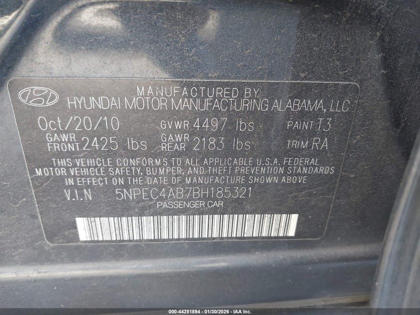 2011 Hyundai Sonata 2.0 Limited 2.0T blue Lot 111044281894 Vin 5NPEC4AB7BH185321