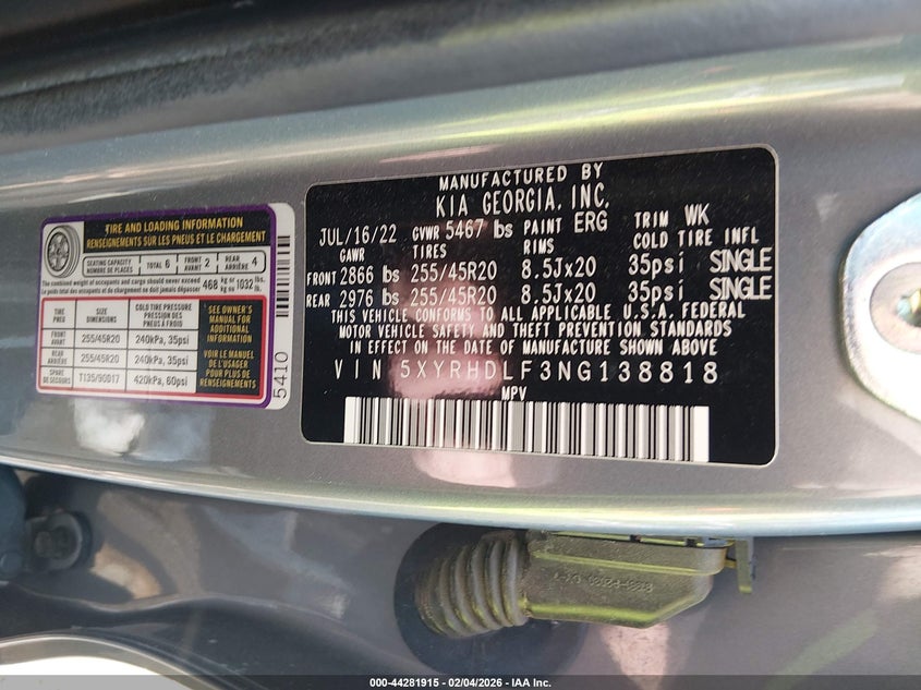 2022 Kia Sorento X-Line Ex VIN: 5XYRHDLF3NG138818 Lot: 44281915