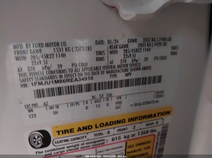 2024 Ford Expedition Platinum VIN: 1FMJU1M86REA34910 Lot: 44281920