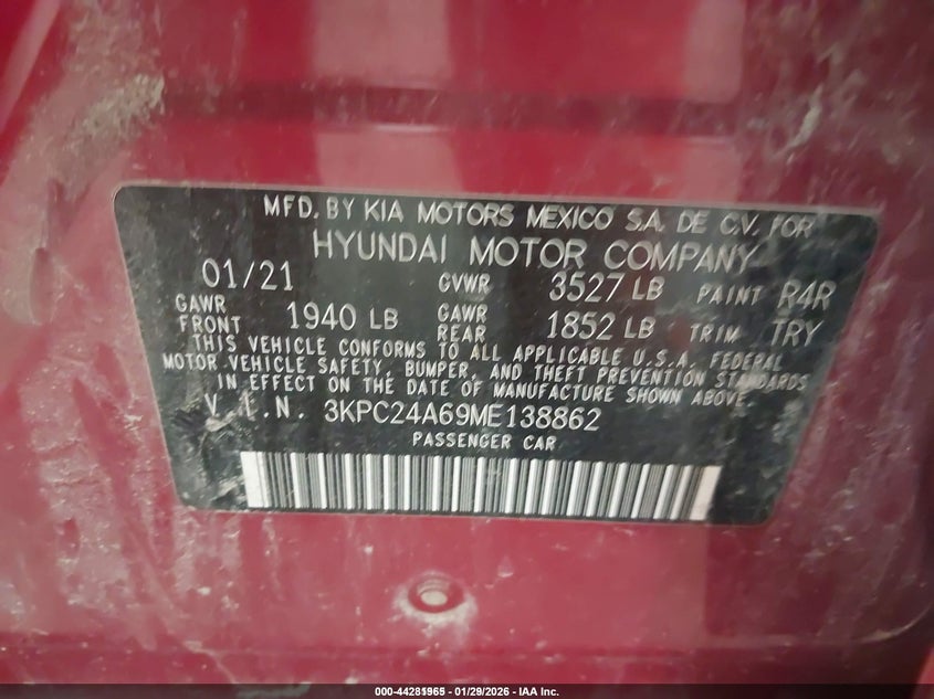 VIN 3KPC24A69ME138862 2021 HYUNDAI ACCENT SE