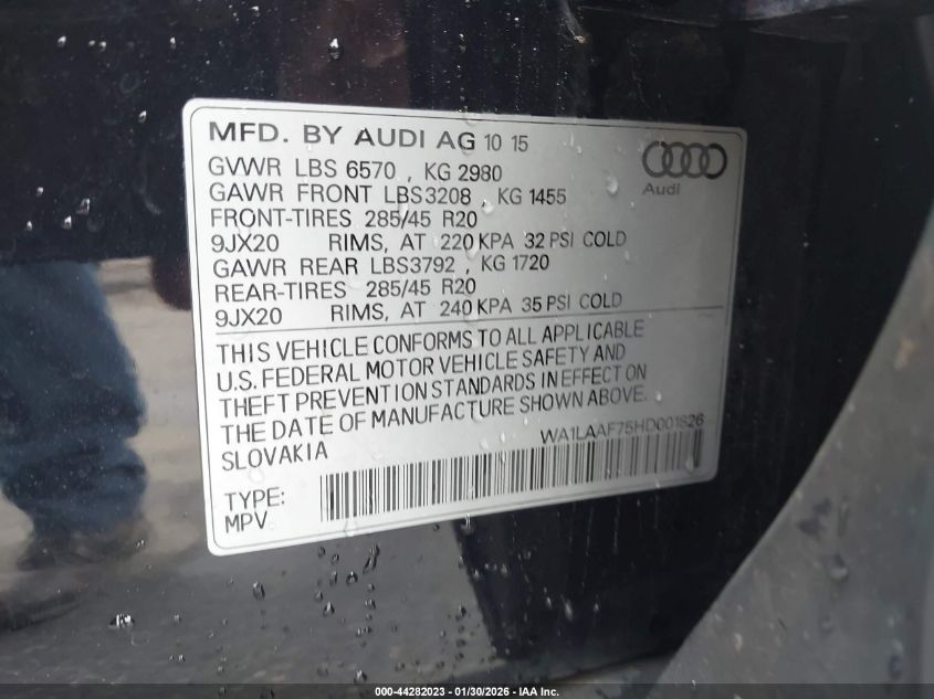 2017 Audi Q7 3.0T Premium VIN: WA1LAAF75HD001826 Lot: 44282023