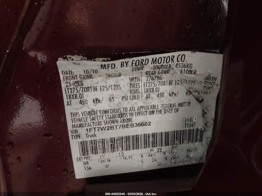 2011 Ford F-250 Lariat VIN: 1FT7W2BT7BEB36602 Lot: 44282340
