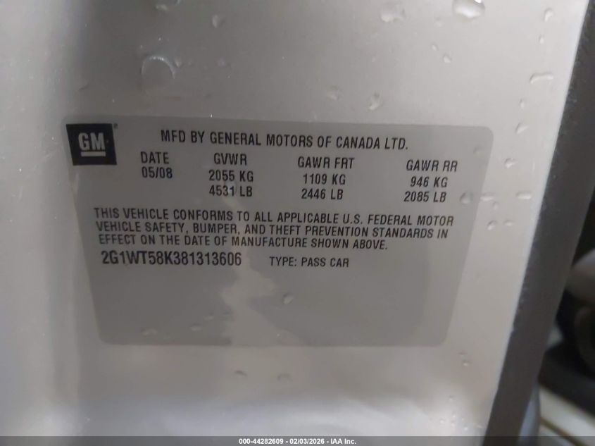 2008 Chevrolet Impala Lt VIN: 2G1WT58K381313606 Lot: 44282609