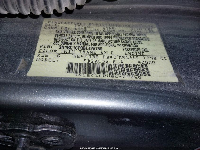 2011 Nissan Versa 1.8S VIN: 3N1BC1CP0BL425760 Lot: 44282665