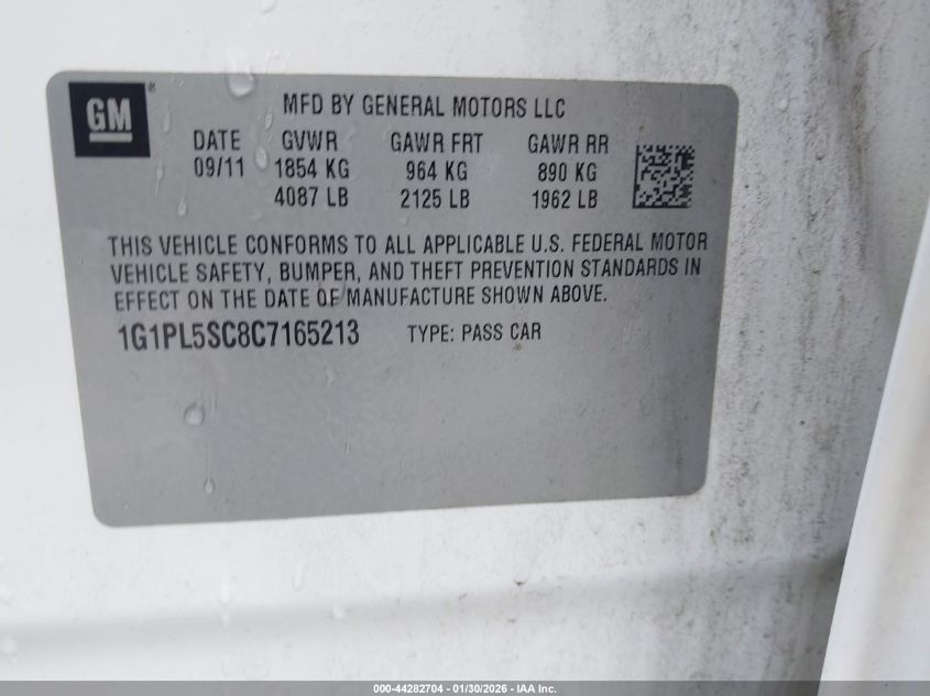 2012 Chevrolet Cruze 1Lt VIN: 1G1PL5SC8C7165213 Lot: 44282704