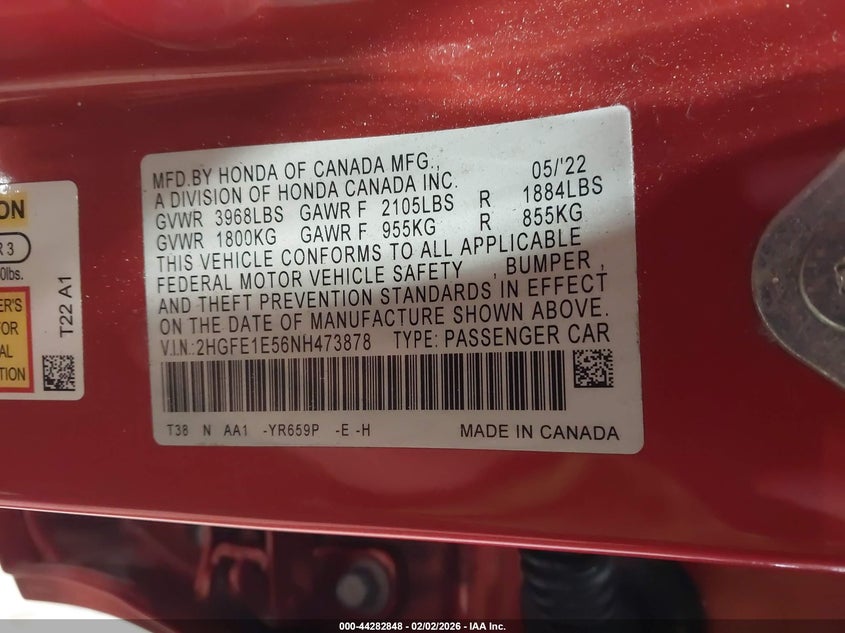 VIN 2HGFE1E56NH473878 2022 HONDA CIVIC SI SEDAN
