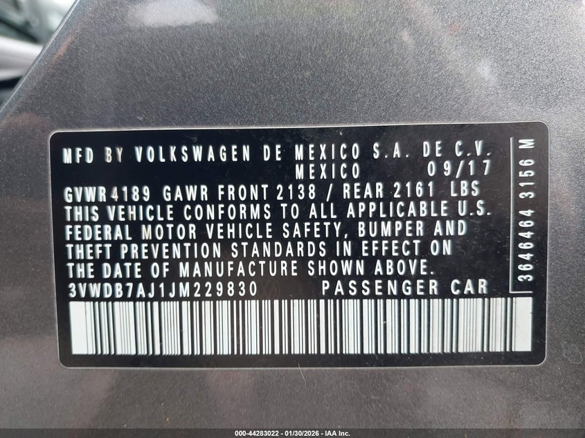 VIN 3VWDB7AJ1JM229830 2018 VOLKSWAGEN JETTA 1.4T SE/1.4T WOLFSBURG EDITION