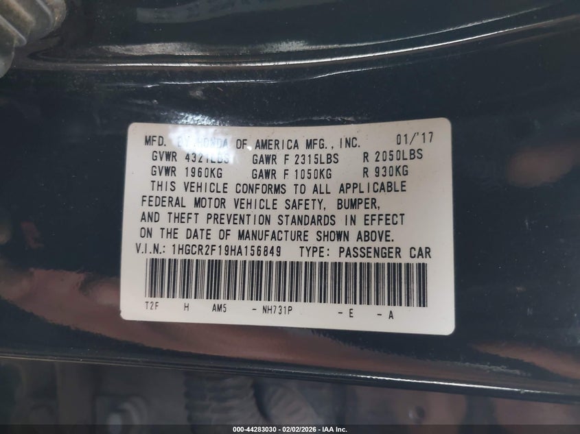 VIN 1HGCR2F19HA156849 2017 HONDA ACCORD SPORT SE