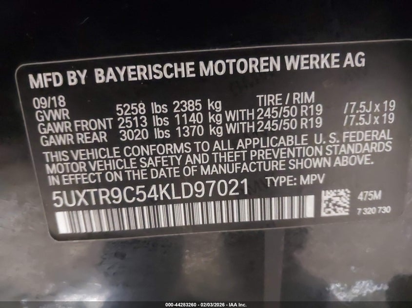 2019 BMW X3 2.0 xDrive30I black Lot 111044283260 Vin 5UXTR9C54KLD97021