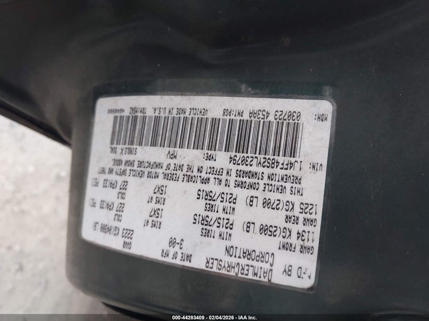 2000 Jeep Cherokee Sport VIN: 1J4FF48S2YL230794 Lot: 44283409