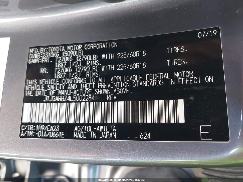 2020 Lexus Nx 300 VIN: JTJGARBZ4L5002284 Lot: 44283883