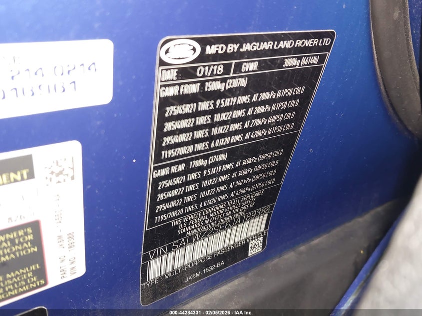 2018 Land Rover Range Rover Sport Svr VIN: SALWZ2SE6JA189388 Lot: 44284331