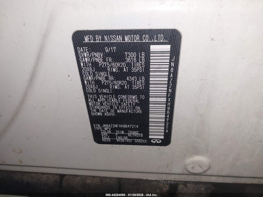 2017 Infiniti Qx80 VIN: JN8AZ2NFXH9647214 Lot: 44284595