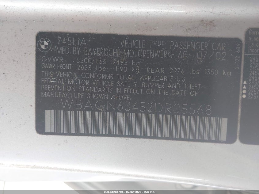 2002 BMW 745Li VIN: WBAGN63452DR05568 Lot: 44284794