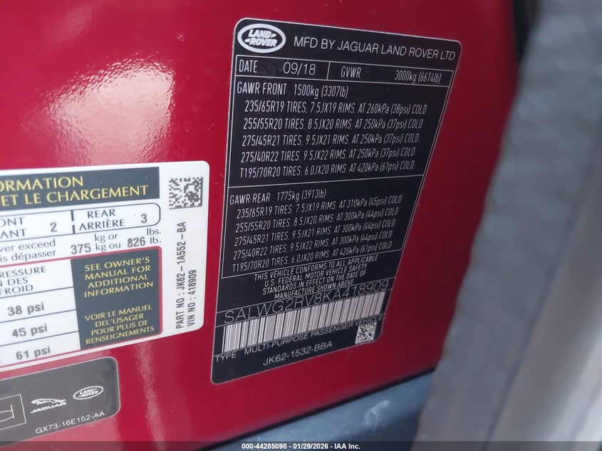 2019 Land Rover Range Rover Sport Se VIN: SALWG2RV8KA418909 Lot: 44285098