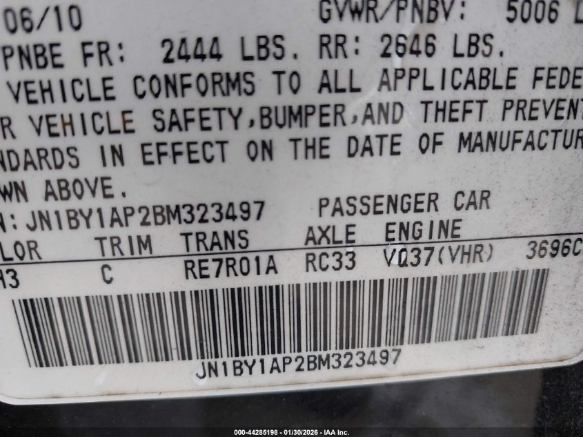 2011 Infiniti M37 VIN: JN1BY1AP2BM323497 Lot: 44285198