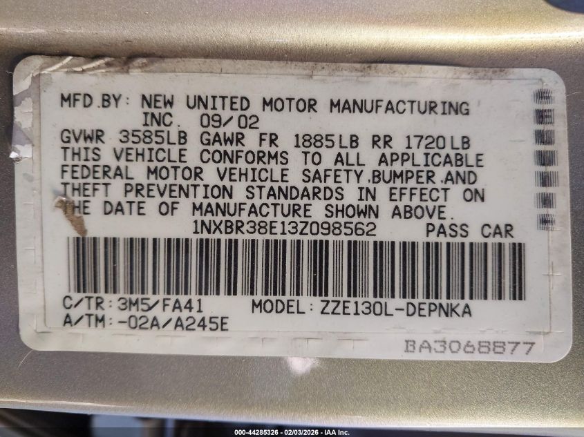 2003 Toyota Corolla Le VIN: 1NXBR38E13Z098562 Lot: 44285326