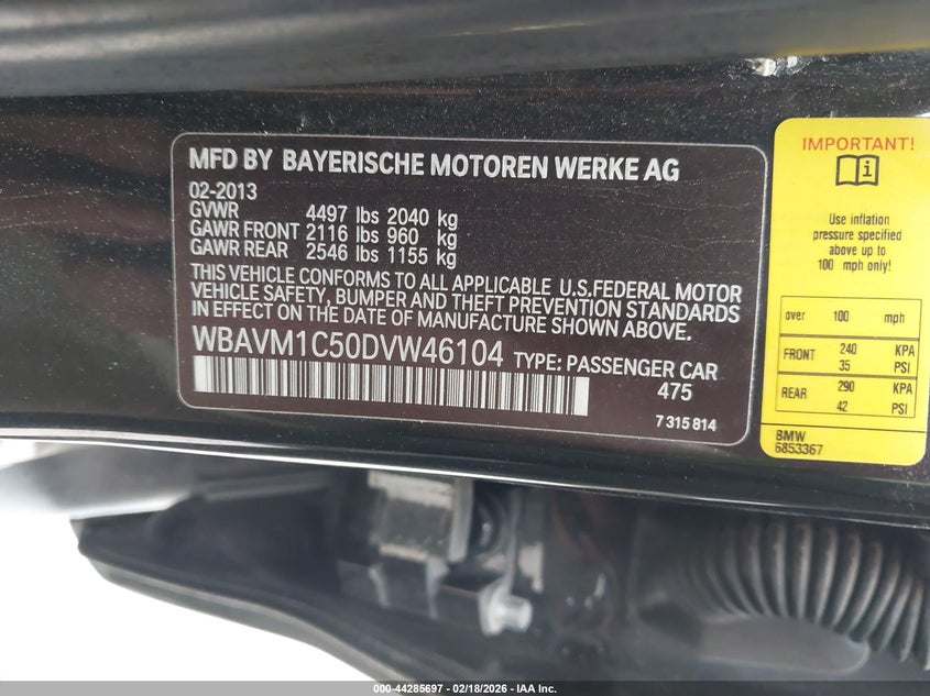 2013 BMW X1 Sdrive28I VIN: WBAVM1C50DVW46104 Lot: 44285697