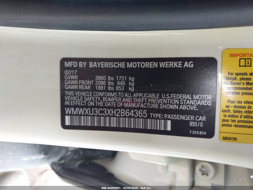 2017 Mini Hardtop Cooper S VIN: WMWXU3C3XH2B64365 Lot: 44285801