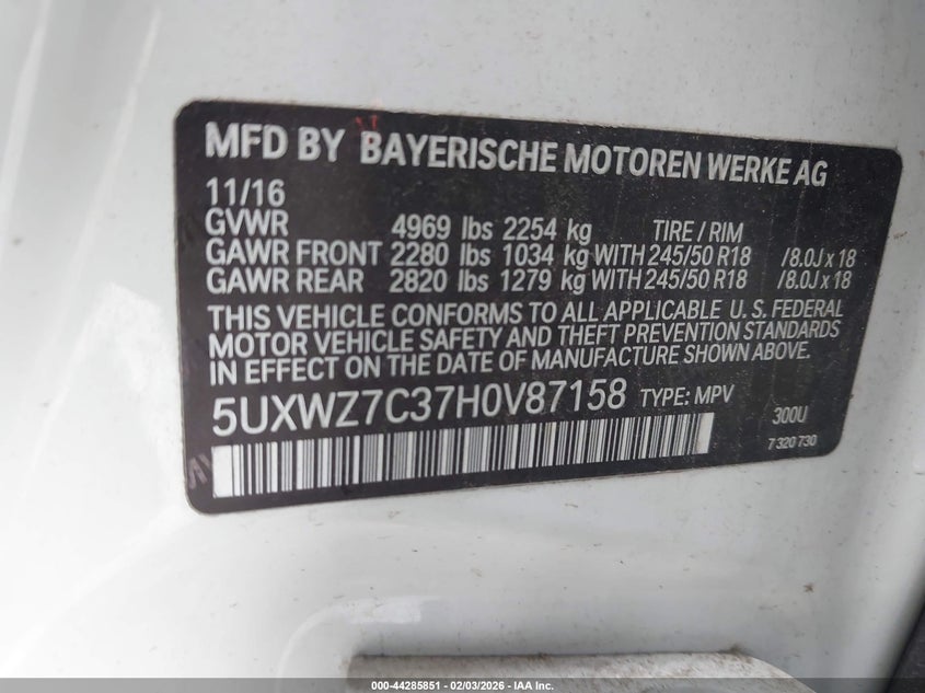 2017 BMW X3 VIN: 5UXWZ7C37H0V87158