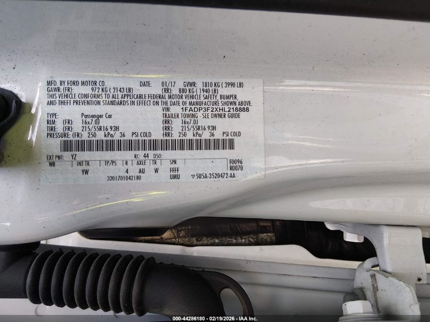 2017 Ford Focus Se VIN: 1FADP3F2XHL218888 Lot: 44286180